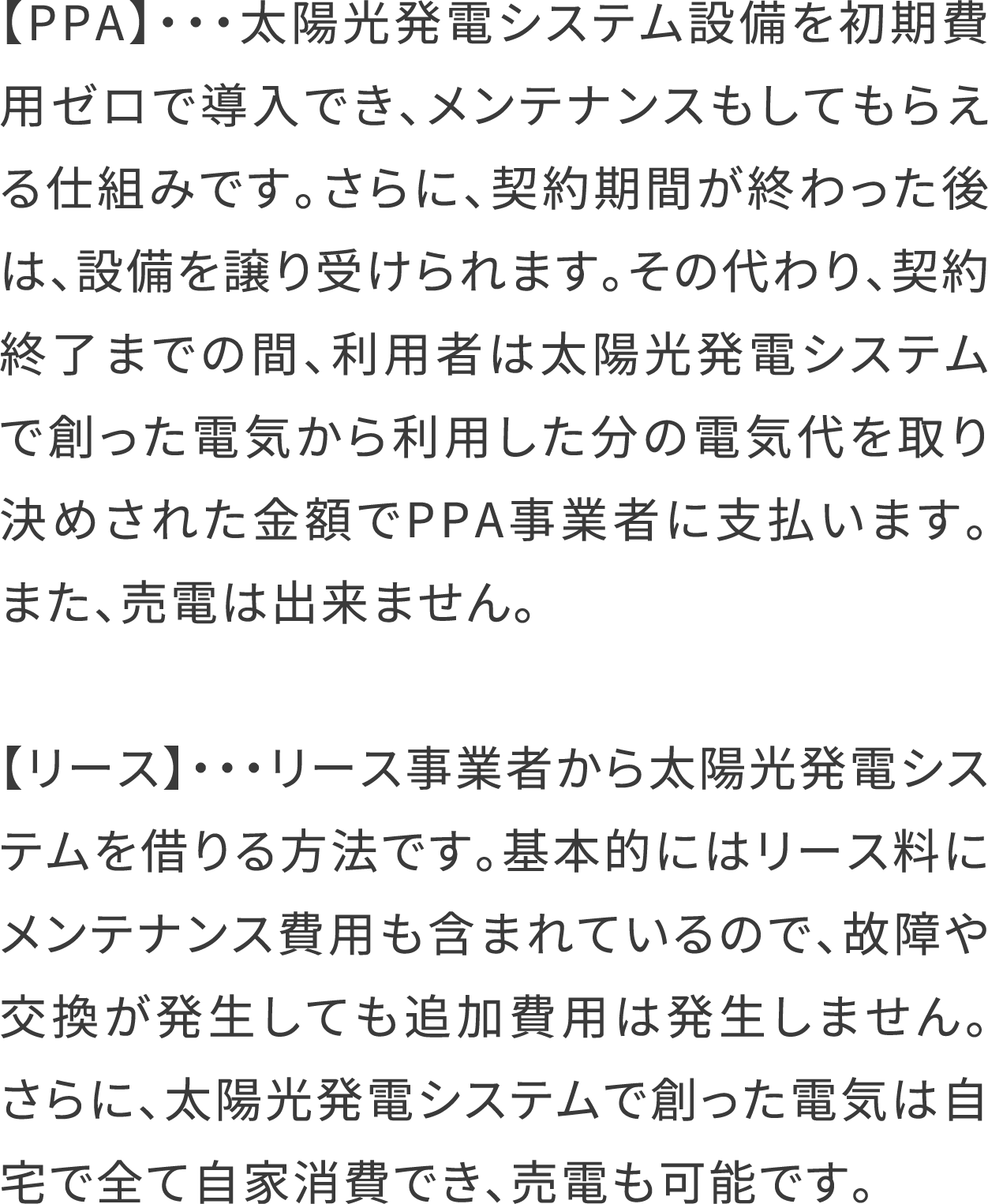 【PPA】・・・太陽光発電システム設備を初期費用ゼロで導入でき、メンテナンスもしてもらえる仕組みです。さらに、契約期間が終わった後は、設備を譲り受けられます。その代わり、契約終了までの間、利用者は太陽光発電システムで創った電気から利用した分の電気代を取り決めされた金額でPPA事業者に支払います。また、売電は出来ません。
                                    【リース】・・・リース事業者から太陽光発電システムを借りる方法です。基本的にはリース料にメンテナンス費用も含まれているので、故障や交換が発生しても追加費用は発生しません。さらに、太陽光発電システムで創った電気は自宅で全て自家消費でき、売電も可能です。